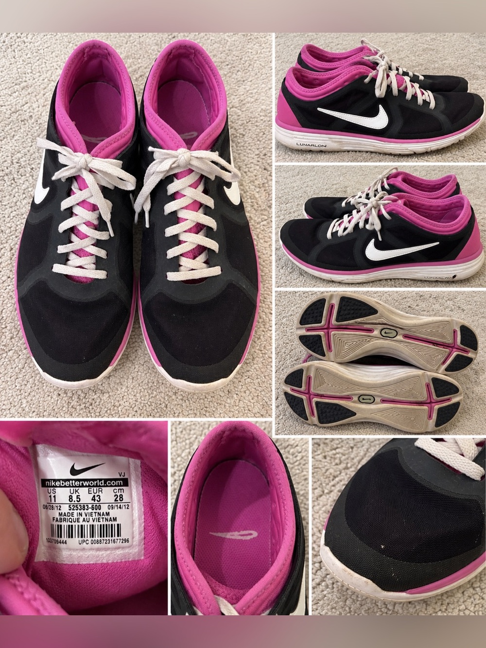 Nike Lunarlon Black Pink White Running Shoes Women’s Size 11